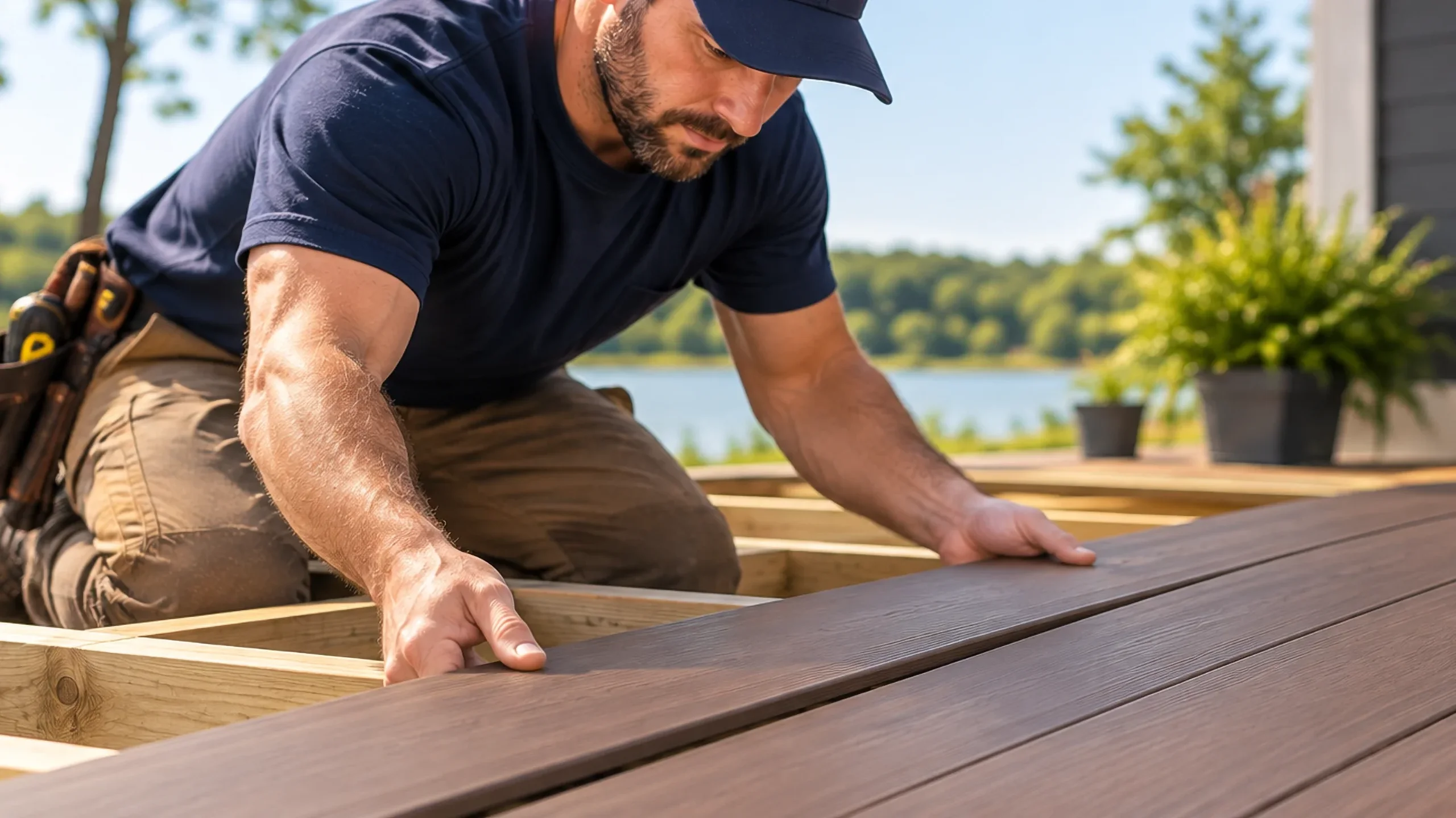 Professional deck builder working